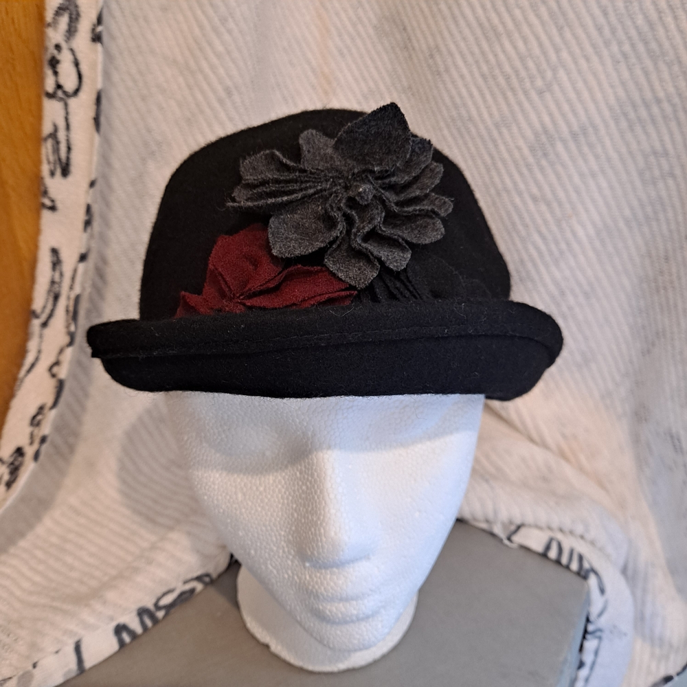 Old County Road Chic Black Wool  Women's Hat with Red, Gray, Floral Accent